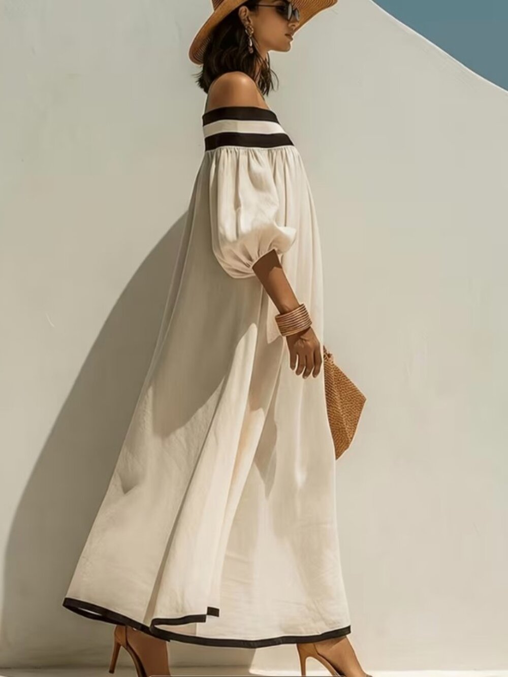 Elegant Off-Shoulder Color-Block Loose Lantern Sleeve Flared Vacation Style - Picture 2 of 3